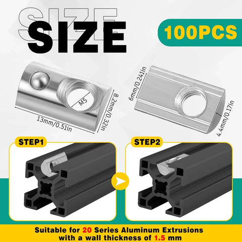 Diagram showing 100 Pcs M5 Spring T Nuts for Aluminum Extrusion European Standard with dimensions and installation steps.
