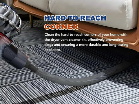 Sealegend dryer vent cleaner kit hose attachment with gray flexible tube and vacuum nozzle beside a couch.