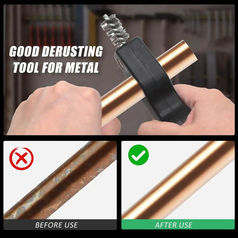 2 Pack 4 In 1 Copper Pipe Deburring Brush Set For One Half And Three Quarter Inch Inner And Outer Thread Cleaning Copper Cleaning Brush For Brazing Plumbing And Soldering With Heavy Duty Non Slip Black And Red Handles used on copper pipe; before and after cleaning.