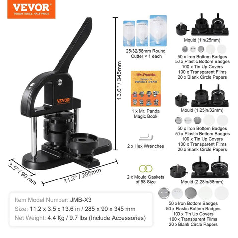 Front view of VEVOR Button Maker JMB-X3, black 3-in-1 pin press with 25/32/58 mm cutters and accessories
