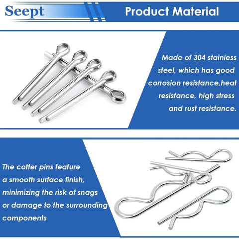 304 Stainless Steel Cotter Pin Kit With 200 Pieces Assortment Hitch Clips showing smooth and durable finish.