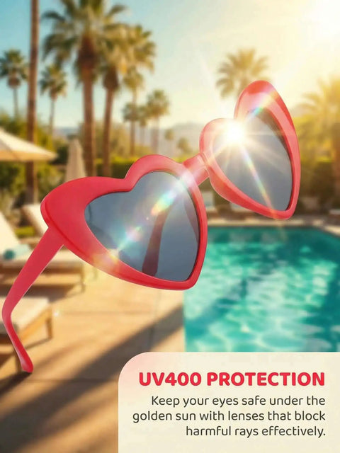 Unisex Heart Shaped Full Frame Sunglasses With Multicolor Red Frame And Gray Lenses UV400 Protection For Bold Everyday Versatile Sunwear And Trendy Casual Looks by the pool