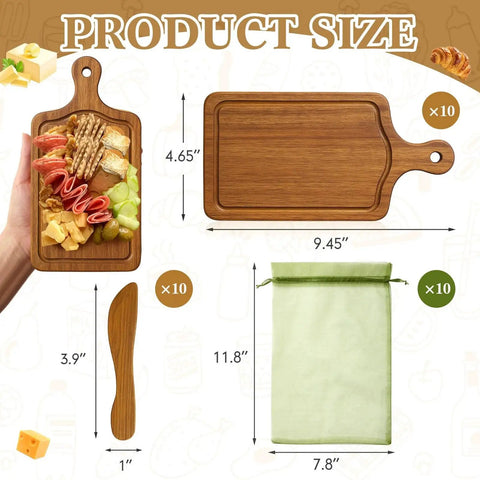 Mini Wooden Charcuterie Board Set 10 Piece Bulk With Cheese Knives And Organza Bags For Weddings Parties Baby Showers And Gifts Acacia Color Finish Perfect For Craft Projects And Laser Engraving Nuenen product sizing details