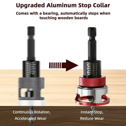 Comparison of upgraded aluminum stop collars for 7-Piece Countersink Drill Bit Set With Aluminum Stop Collar And Wrench display.