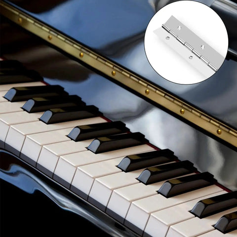 Stainless Steel 16 Inch Piano Hinges Heavy Duty With 0.04 Inch Leaf 0.5 Inch Knuckle displayed above a piano keyboard.