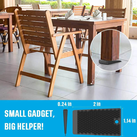 Non Slip Rubber Furniture Levelers Shims under wooden table leg, shown from side view, ideal for floor leveling, 2 inch cuttable wedge.