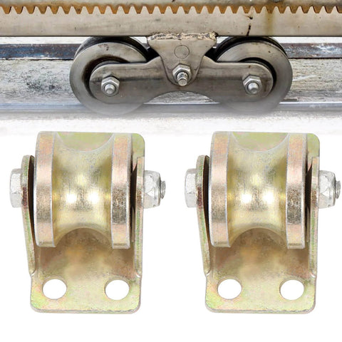 32mm Sliding Gate Roller U Type Groove Wheel Built Tough With Heavy Duty Steel Track Rail For Industrial Machines Carts And Doors Glide Smoothly No Fuss High Strength Abrasion Resistance Operating Range 40 To 100 C, two rollers shown installed and separately