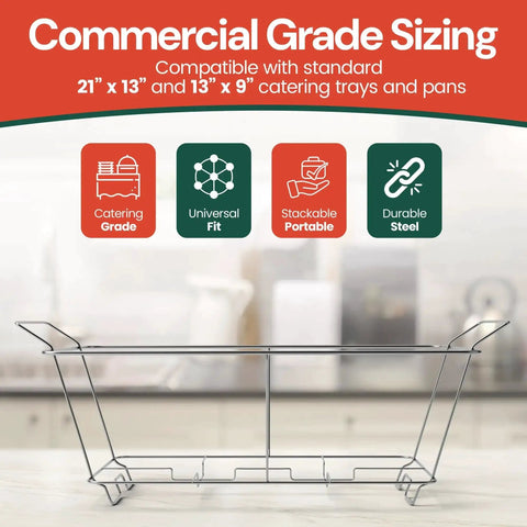 Pro Grade Fixed Chafing Rack For Catering Heavy Duty Plated Steel Chafer Stand on kitchen counter showcasing its commercial grade sizing