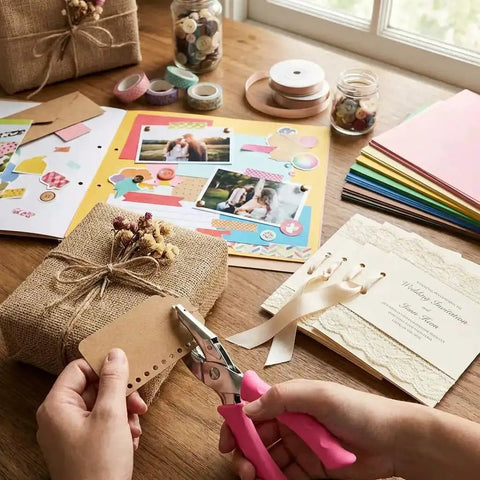 Using Dual Size Paper Hole Punch Set With Pink Soft Grip Handles for scrapbook and gift wrapping projects on a wooden table.