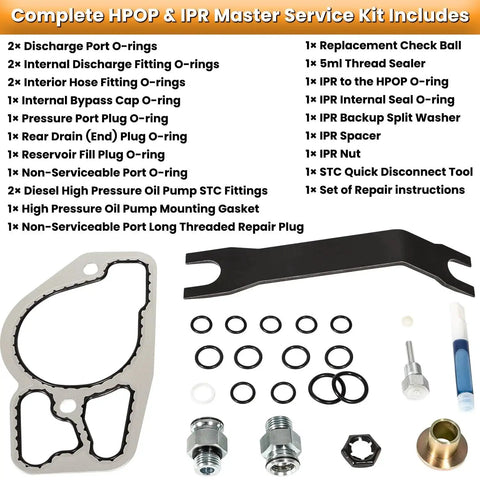 Beefed Up 38 Piece High Pressure Oil Pump HPOP Master Service Kit with hoses, lines, and seals for Ford 7.3L Powerstroke.