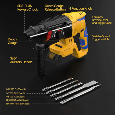 Cordless SDS Plus Rotary Hammer Drill With Brushless Motor, Safety Clutch, 4 Functions, 5 Drill Bits, Carrying Bag, Compatible With 20V Max Batteries For Concrete, Masonry, Wood, And Metal, Battery Not Included, shown with labeled parts and drill bits on black background.