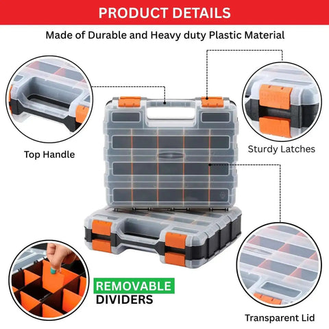 Double-sided tool box with 34 compartments, transparent lids, sturdy latches, and removable dividers for screws and nuts.