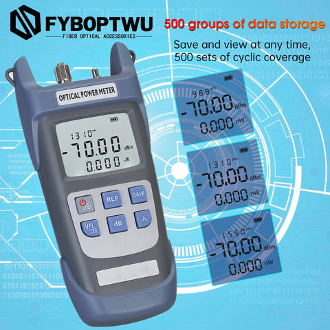 FYBOPTWU 3-in-1 fiber optic tester handheld optical power meter with VFL, blue device, LCD displays -70.00 dBm.
