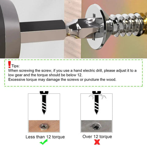 Tutorial image demonstrating correct torque for using the 620 Pcs M3 Wood Screws Kit With Phillips Flat Head Four Size Assortment 6 8 10 12 mm Heavy Duty Black AntiCorrosion Coated for Indoor Furniture Cabinets And DIY Crafts Built To Last.