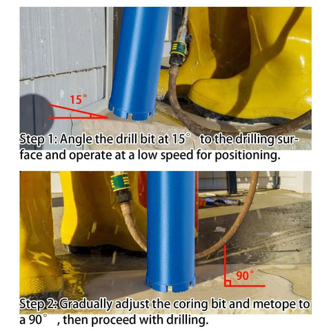 Heavy Duty Two And A Half Inch Diamond Core Drill Bit With One And A Quarter Inch Seven Thread For Reinforced Concrete Masonry Brick And Stone Fifteen Point Seven Four Inch Drilling Depth And Ten Millimeter Diamond Segment Built For Pros during setup and drilling instructions in wet conditions.