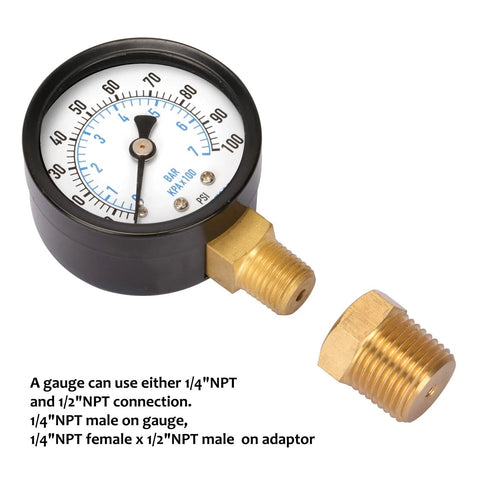 Measureman 2-inch well pump pressure gauge, 0-100 psi/bar, 1/4 NPT male inlet with 1/2 NPT adaptor, brass fittings, black housing