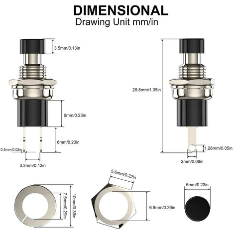 Momentary Push Button Switch 1A 250V AC SPST NC Black Cap Mini Push Button technical diagram, 6.9mm thread dimensions, 2 pin terminal