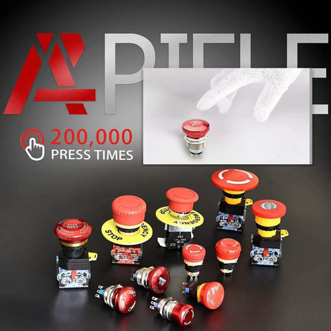 APIELE 22mm metal emergency stop push button switch, red mushroom head, latching, 7/8 in mounting hole