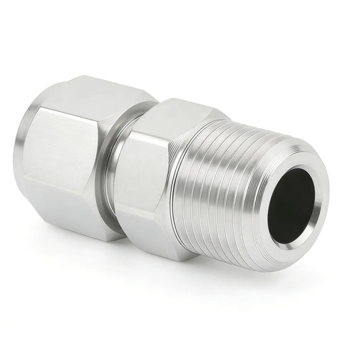 Stainless steel compression fitting, 3/8 in tube OD to 1/4 in NPT male, straight adapter with double ferrules