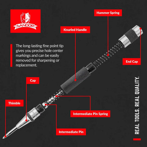 Heavy Duty Automatic Center Punch Set 2 Pack with hardened steel spring-loaded mechanism, knurled handle, and adjustable cap exploded view.