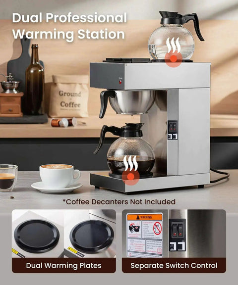 12 Cup Commercial Pour Over Coffee Maker With Industrial Stainless Steel Design, Dual Warmers, No Glass Carafe Included
