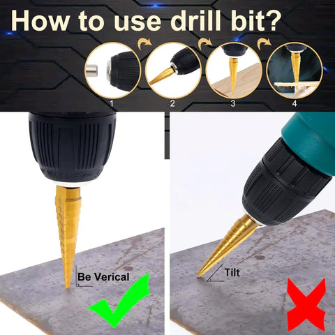 Instructions on using the Titanium Coated HSS Step Drill Bit Set, 5-Piece With Dual Straight Flutes, shown drilling into metal.
