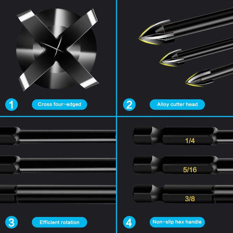 10 Piece Glass Concrete Drill Bit Set With Hex Shank Tungsten Carbide Tips showing four-edged head and hex shank details.