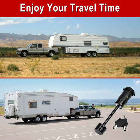 Heavy Duty Trailer Hitch Lock Pin One Quarter Inch Diameter Two And One Half Inch Long For Truck Car Boat RV Fits Class III IV Hitches Anti Theft Towing Lock With Easy Install Durable Steel Construction with RV and truck in background.