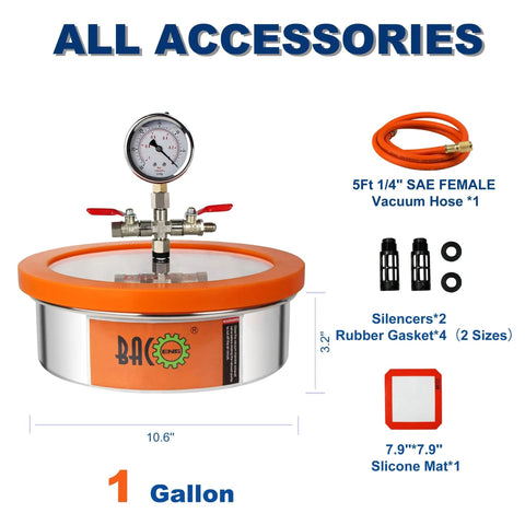 1 Gallon Flat Vacuum Chamber Kit For Resin Degassing And Epoxy Projects, Stainless Steel Chamber With Acrylic Lid, BACOENG