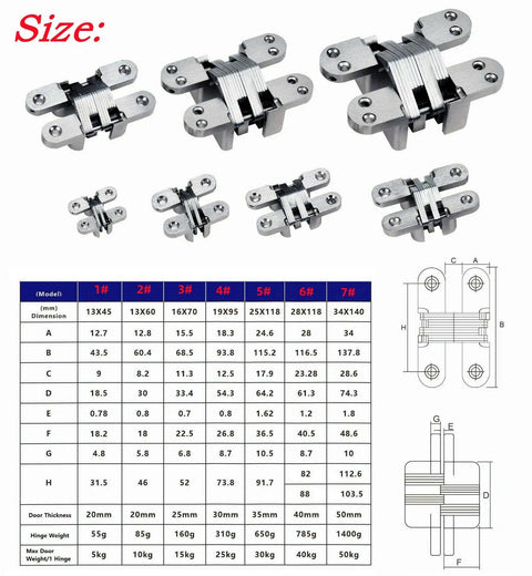 Stainless Steel 304 Hidden Hinge With Silent Close For Doors, Concealed Mount Folding Door Hardware, multiple sizes and specs chart