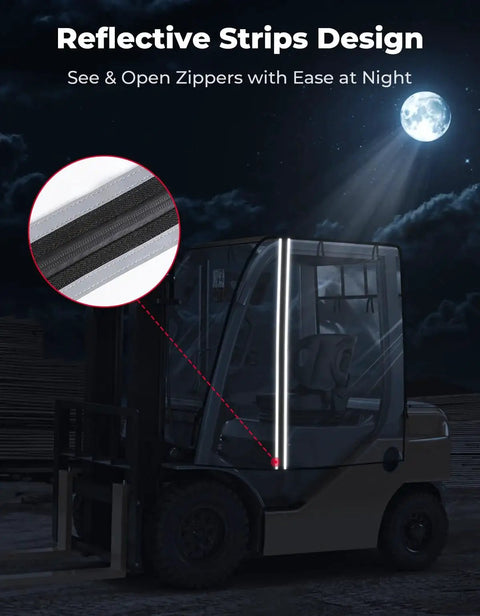 Clear Forklift Cab Cover With Rear Window Waterproof UV Shield Fits 6000 Lb with reflective strips and zippers at night.