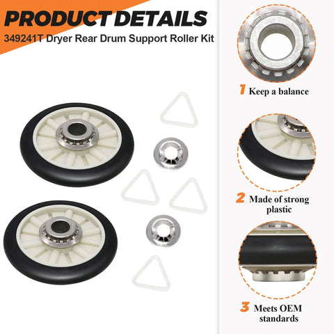 Dryer rear drum support roller kit with two white plastic rollers, metal bearings and black rims