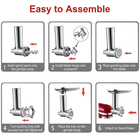 Step-by-step assembly of Metal Meat Grinder Attachment For KitchenAid Stand Mixers With Four Grinding Plates, visual guide.