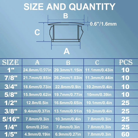Size chart for 200 Pcs Nylon Hole Plugs Set In Nine Sizes Ranging From One Fifth Inch To One Inch Flush Panel Knockout Locking Plugs