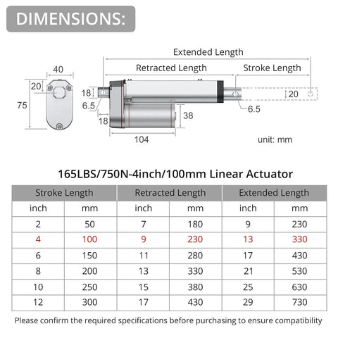 Dimensions chart for a 12V Linear Actuator For DIY Projects With 160 Lbs Thrust, 4 Inch Stroke, IP54 Waterproof.