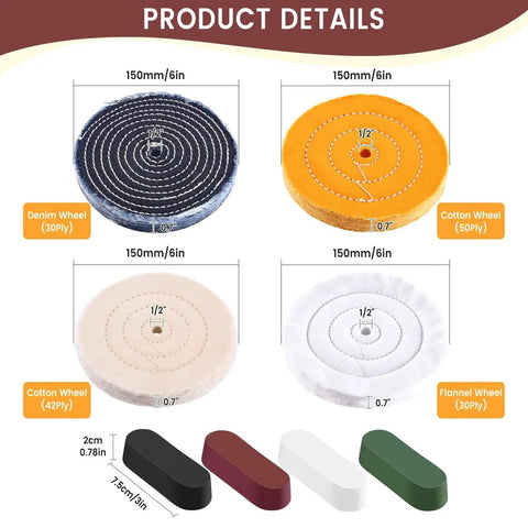 Product details showing 8 Piece 6 Inch Buffing And Polishing Wheel Kit For Bench Grinder With Half Inch Arbor Hole Denim Yellow White And Flannel Wheels Includes Four Buffing Compounds And Polishing Rouge Bars For Polishing And Finishing.