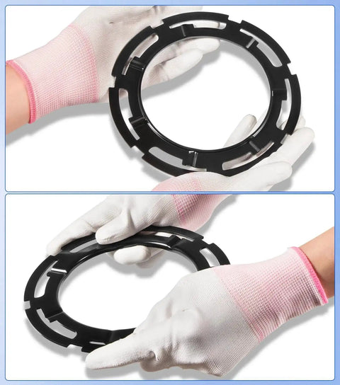 Direct Replacement Fuel Pump Lock Ring For Buick Cadillac Chevrolet Dodge Ford GMC Hummer Isuzu Jeep Lincoln Mazda Pontiac Ram Saab Saturn Suzuki Volkswagen GM Fits OEM Specs, No Fuss Install, Universal Lock Ring Clip being held by gloved hands.