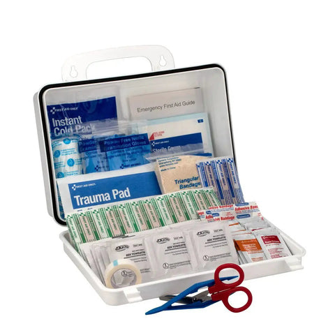 25 Person Contractor First Aid Kit for Home Renovation Job Sites and Construction Vehicles 178 Piece Worksite Ready Comprehensive Emergency Medical Kit with Bandages Gauze Antibiotic Ointment Scissors and Gloves in a Tough Portable Case by First Aid Only, open view showing contents.