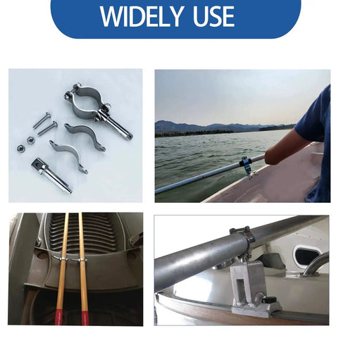 Two Pack 316 Stainless Steel Clamp On Oarlocks for Boats and Yachts, adjustable rowlock sockets, marine-grade, in use on watercraft.