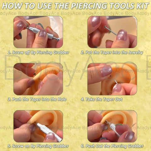 Piercing Taper Ball Grabber Tool Set 14G 16G 18G 20G Stainless Steel For Easy Jewelry Change Threadless Insertion Pin And Screw On Insertion Pin Reacher Tool For Safe Flat Back Earrings Ear Nose Navel Lip Piercings Kit step-by-step use instructions.