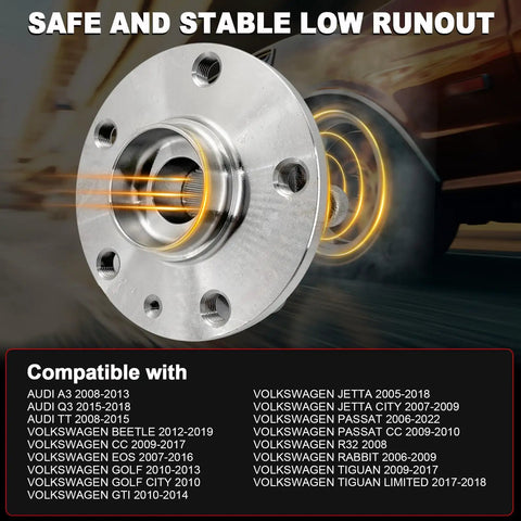 Audi Front Wheel Bearing Hub Assembly For A3 Q3 TT Golf GTI Jetta Passat Beetle CC EOS Rabbit Tiguan 06 22 5 Lug With ABS FWD AWD Top Notch Replacement, close-up view of hub with compatibility list