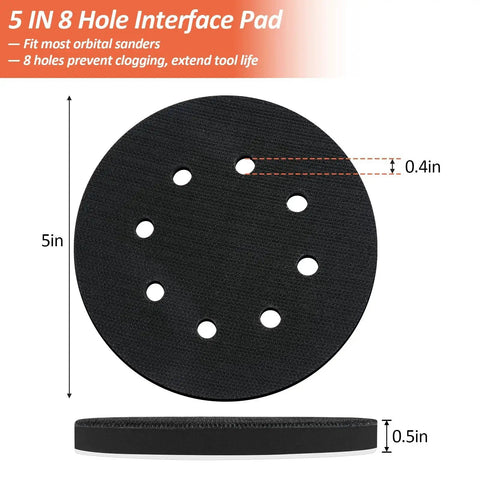 5 Inch Foam Sanding Pad 8 Hole Interface Backing Pad for Orbital Sander 4 Pack shown with measurements