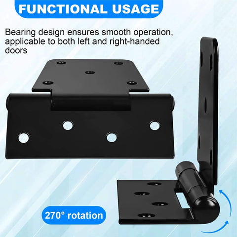 Heavy Duty Gate Hinges 3.5 Inch 6 Pack Extra Thick, black iron finish, shown in 270° rotation for large wooden gates, rust-resistant.