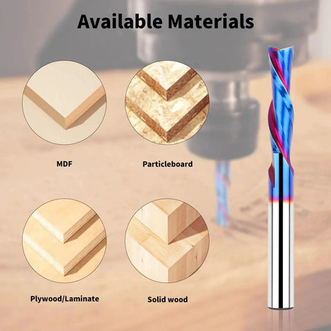 Downcut Spiral Router Bit For Wood With One Fourth Inch Shank And One Fourth Inch Cutting Diameter Solid Carbide With Nano Blue Coating displayed with material samples of MDF and plywood.