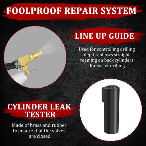 Diagram showing line up guide and cylinder leak tester for Two Valve Ford Triton Spark Plug Thread Repair Kit For 4.6L 5.4L V10 Engines.