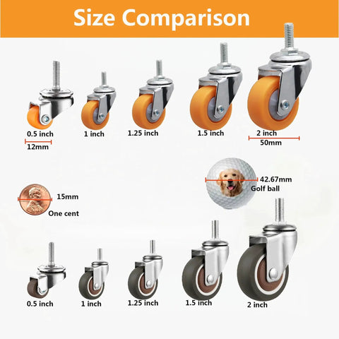 Size comparison of swivel stem threaded casters, including 1 Inch Swivel Stem Threaded Casters With M8x15 Threaded Rod 360 Degree Swivel Action TPR Quiet Caster Wheels Brown Finish Mini Casters Without Brakes Low Profile Design Ideal For Workbenches Carts Tables And Tool Trolleys, next to penny and golf ball for scale