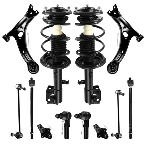 Front complete strut assembly kit in black for Toyota Corolla/Matrix; includes 2 struts and control arms.