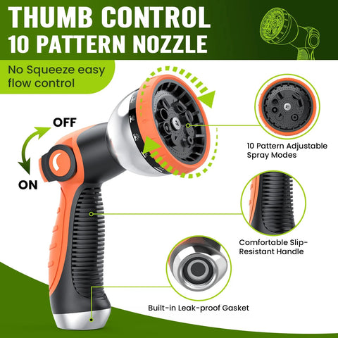 Front view: REFDAQ garden hose nozzle with 10-pattern adjustable spray, orange/black, slip-resistant handle