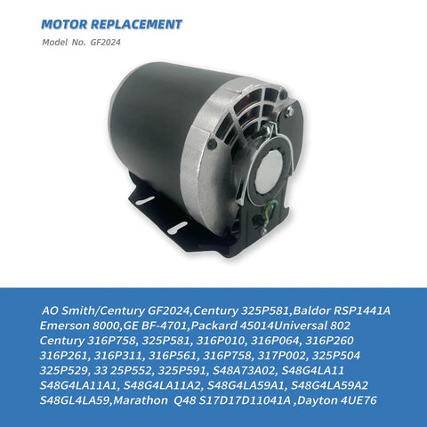 1/4 HP 115V Blower Motor 1725 RPM 48 Frame Replacement For Packard NBK20609 Emerson GE shown with compatibility details