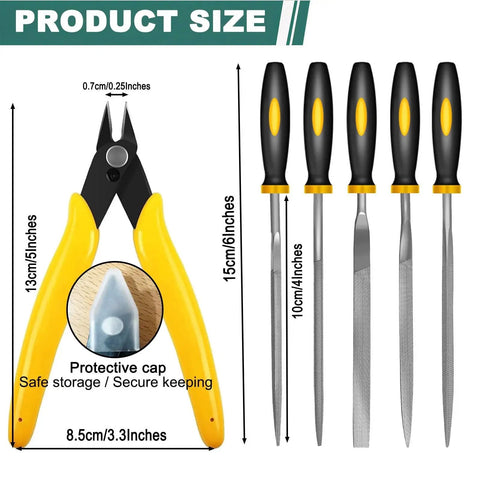 3D Print Deburring Tool Set With 11 High Speed Steel Blades And 5 Needle Files For Smoothing Edges On Metal Resin Copper Plastic PVC Pipes And More Includes Micro Wire Cutter For Clean Pro Level Finishes, showing micro wire cutter with protective cap and needle files.